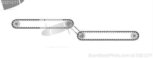 Image of two connected conveyor belts with two cogwheels