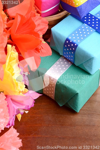 Image of Sweet color flowers from mulberry paper whith holiday gift box
