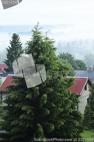 Image of view of the small Finnish town in thick fog