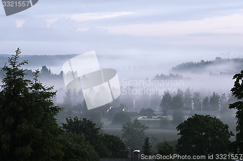 Image of view of the small Finnish town in fog