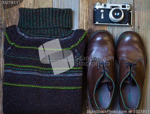 Image of Vintage wool sweater, shoes and antique rangefinder camera