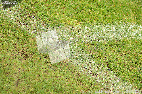 Image of White stripe on the green soccer field from top view