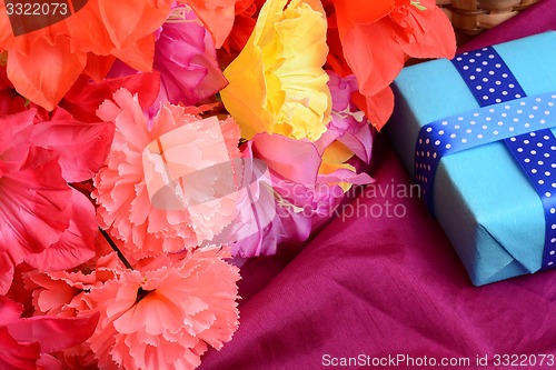 Image of Sweet color flowers from mulberry paper whith holiday gift box