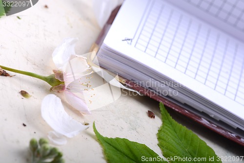 Image of Blank paper notebook on white vintage background with scrapbooking elements