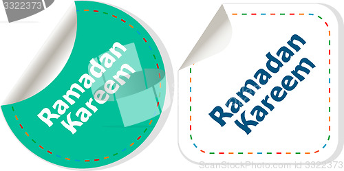 Image of Arabic Islamic calligraphy of text Ramadan Kareem stickers label tag set isolated on white