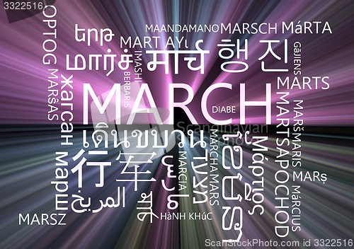 Image of March multilanguage wordcloud background concept glowing