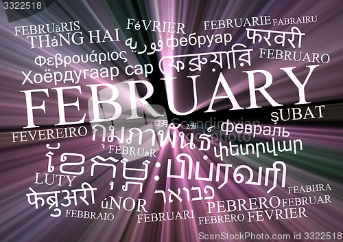 Image of February multilanguage wordcloud background concept glowing