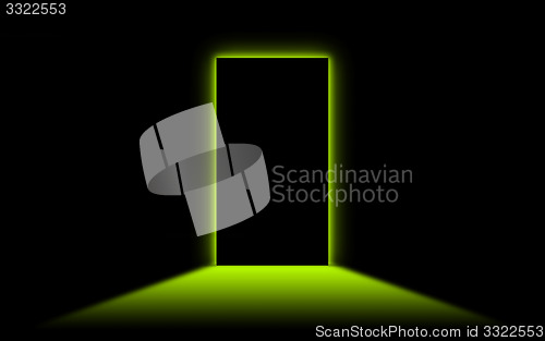 Image of Black door with bright neonlight at the other side