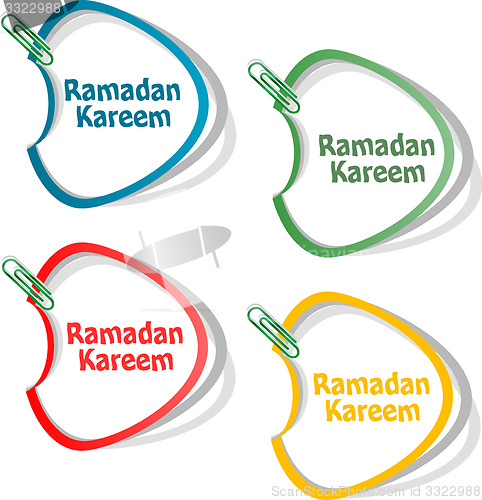 Image of Arabic Islamic calligraphy of text Ramadan Kareem stickers label tag set