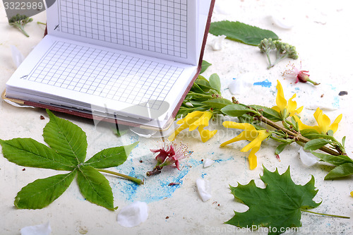 Image of Blank paper notebook on white vintage background with scrapbooking elements