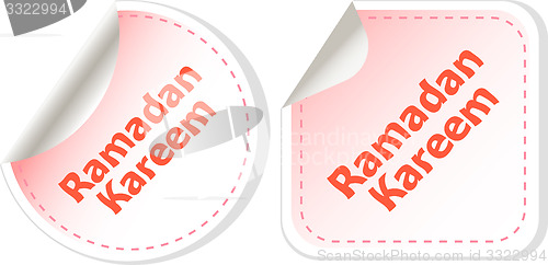 Image of Arabic Islamic calligraphy of text Ramadan Kareem stickers label tag set isolated on white