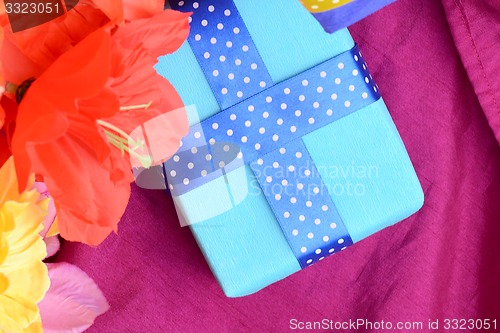 Image of Sweet color flowers from mulberry paper whith holiday gift box