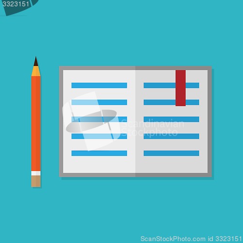 Image of Flat style pencil and opened book. Vector illustration