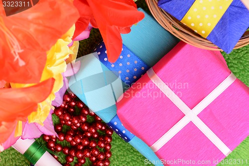 Image of gift box set and artificial flower background