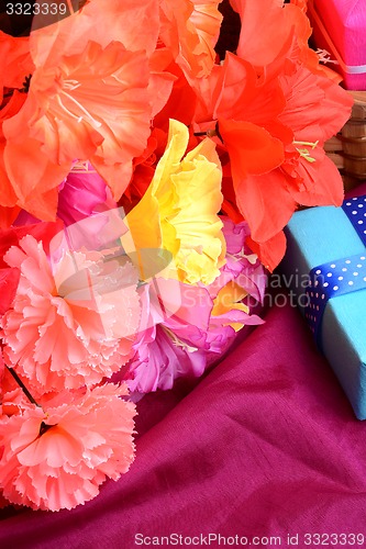 Image of Sweet color flowers from mulberry paper whith holiday gift box