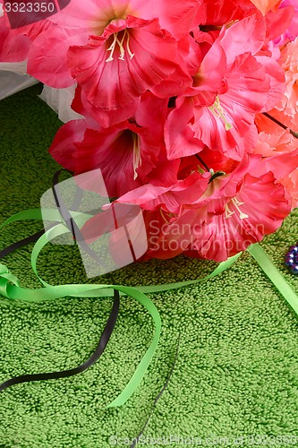Image of Flowers artificial and gift box, holiday concept
