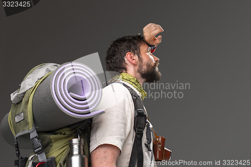 Image of Portrait of a male fully equipped tourist 