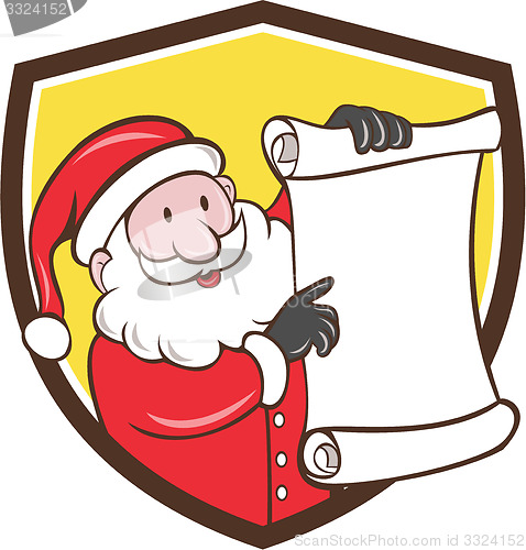Image of Santa Claus Paper Scroll Pointing Shield Cartoon