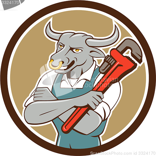 Image of Bull Plumber Wrench Standing Circle Cartoon