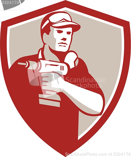 Image of Handyman Holding Power Drill Crest Retro