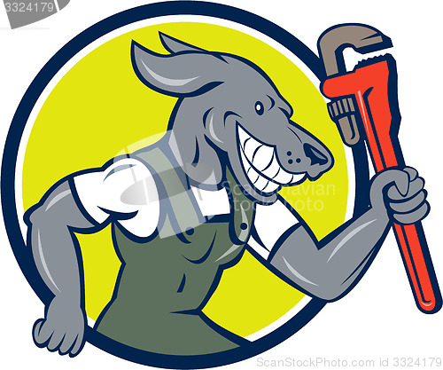 Image of Dog Plumber Running Monkey Wrench Circle Cartoon