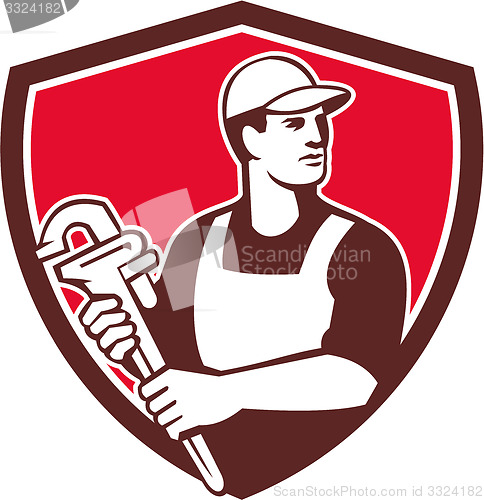 Image of Plumber Wielding Monkey Wrench Shield Retro