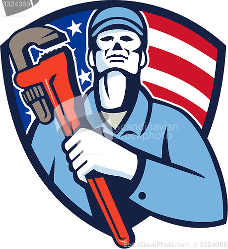 Image of Plumber Holding Wrench USA Flag Shield Retro