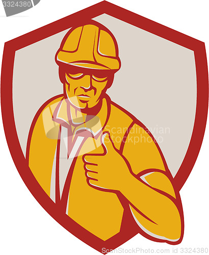Image of Construction Worker Thumbs Up Shield Retro