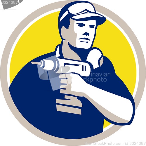 Image of Handyman Holding Power Drill Circle Retro