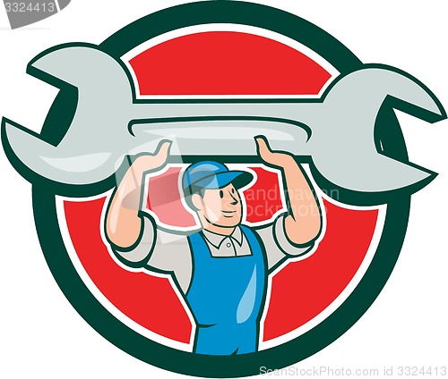 Image of Mechanic Lifting Spanner Wrench Circle Cartoon
