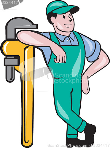 Image of Plumber Leaning Monkey Wrench Isolated Cartoon