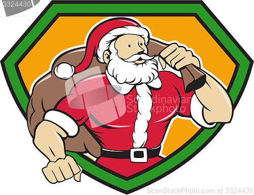 Image of Super Santa Claus Carrying Sack Shield Cartoon