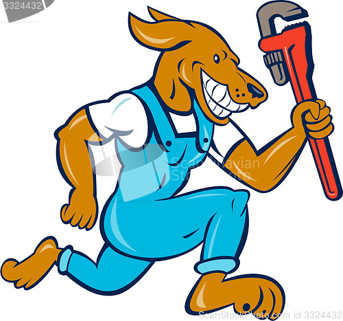 Image of Dog Plumber Running Monkey Wrench Cartoon