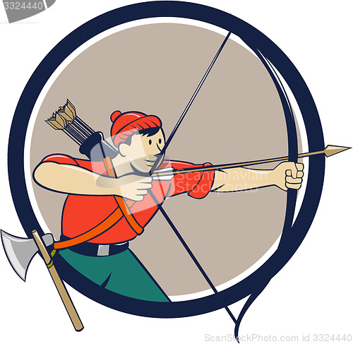 Image of Archer Aiming Long Bow Arrow Cartoon Circle