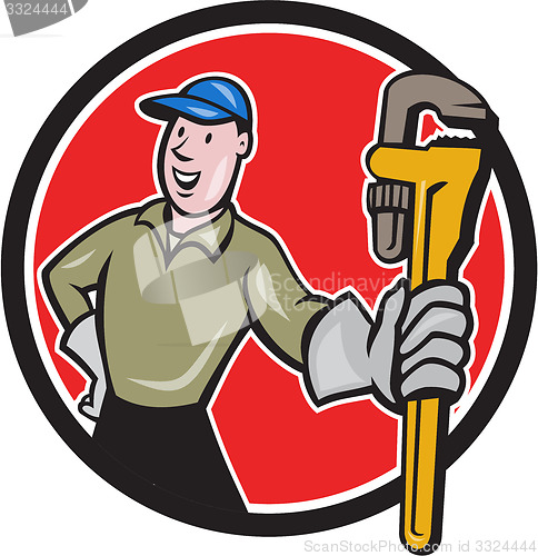 Image of Plumber Presenting Monkey Wrench Circle Cartoon