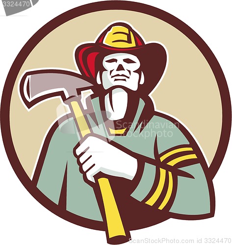 Image of Fireman Firefighter Holding Fire Axe Circle Retro