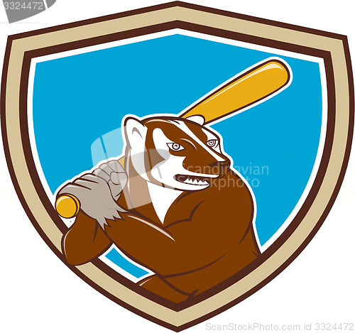 Image of Badger Baseball Player Batting Shield Cartoon
