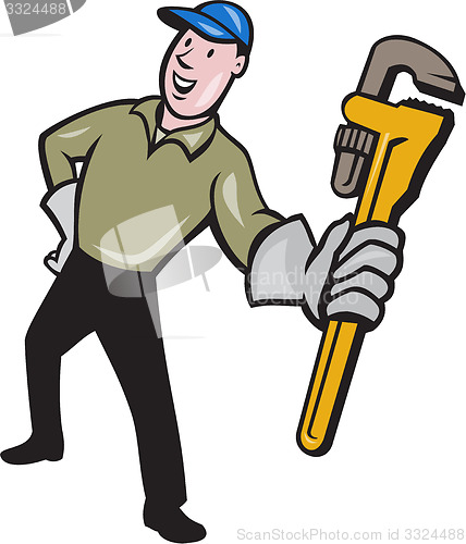 Image of Plumber Presenting Monkey Wrench Isolated Cartoon