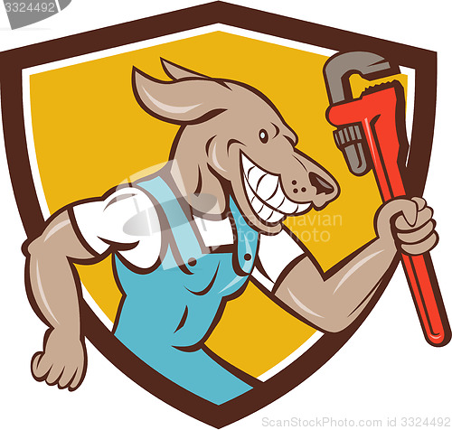 Image of Dog Plumber Running Monkey Wrench Shield Cartoon