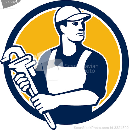 Image of Plumber Wielding Monkey Wrench Circle Retro
