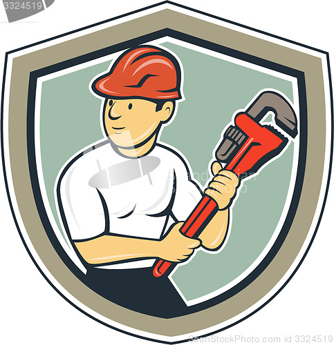 Image of Plumber Holding Monkey Wrench Shield Cartoon