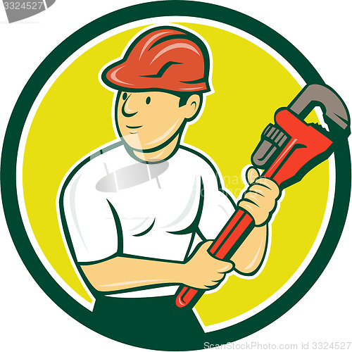 Image of Plumber Holding Monkey Wrench Circle Cartoon