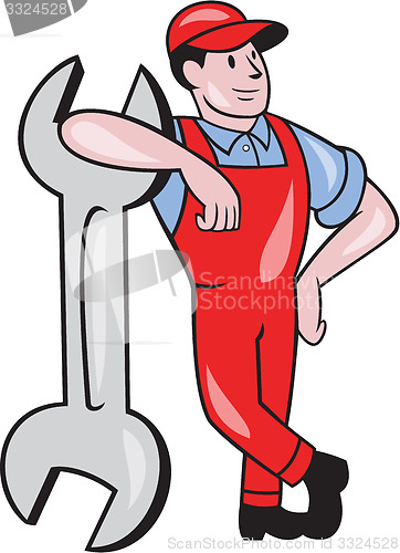 Image of Mechanic Leaning On Spanner Wrench Cartoon