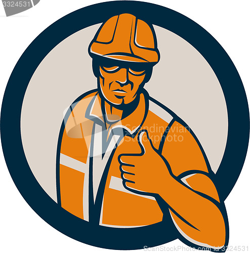 Image of Construction Worker Thumbs Up Circle Retro