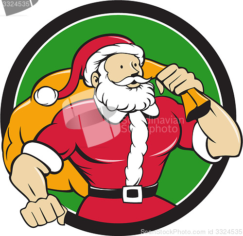 Image of Super Santa Claus Carrying Sack Circle Cartoon