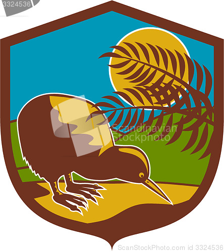 Image of Kiwi Bird Moon Fern Mountain Shield Retro
