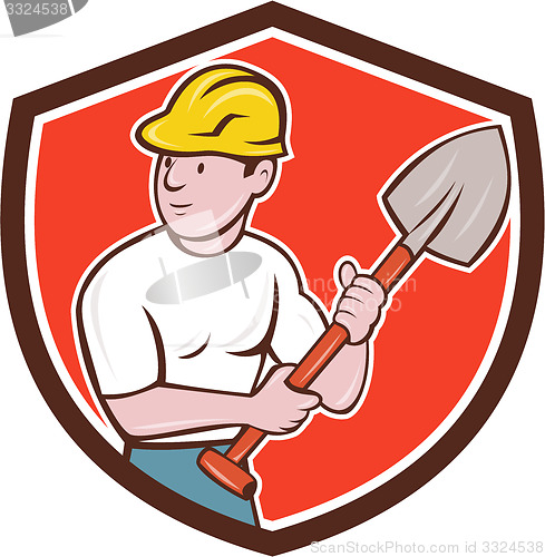 Image of Builder Construction Worker Spade Shield Cartoon