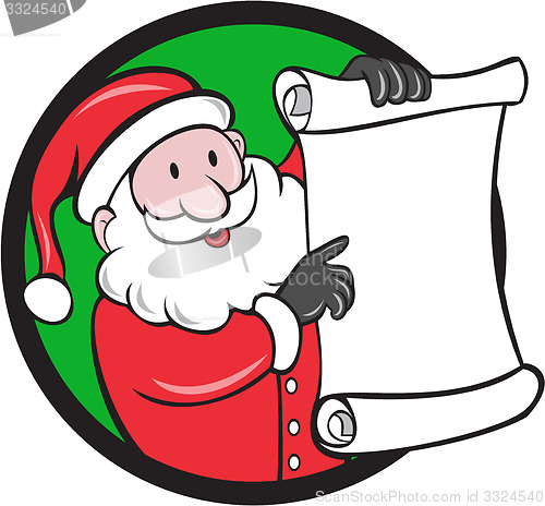 Image of Santa Claus Paper Scroll Pointing Circle Cartoon