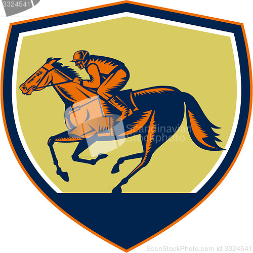 Image of Jockey Horse Racing Shield Woodcut
