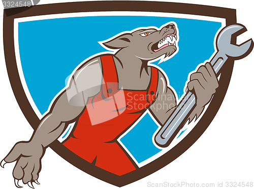 Image of Wolf Mechanic Spanner Shield Cartoon